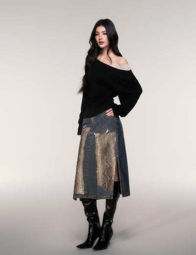 Python Print Straight-Line Denim Skirt LUL0209