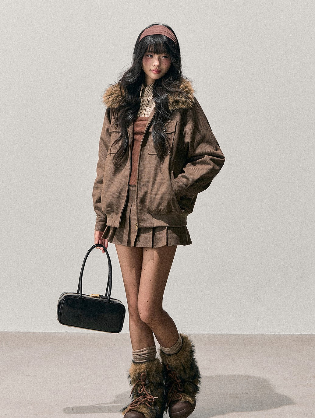 Brown Quilted Jacket/Pleated Skirt DIA0724