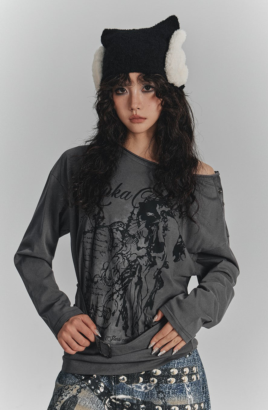 Print One Shoulder Loose T-shirt KIN0134