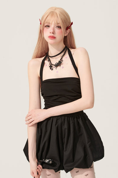 Black Halter Neck Puffy Short Dress DIA0166