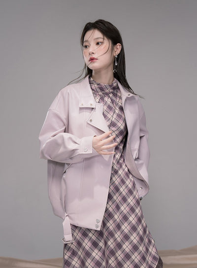 Purple Checkered Pattern Dress COT0347
