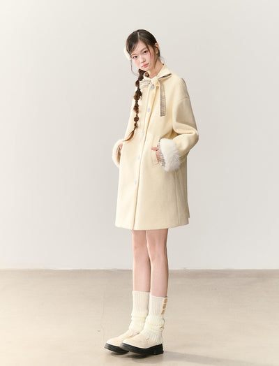 Bow Tie Plaid Patchwork Wool Coat NTO0244