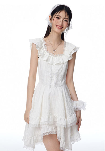 Ruffle Irregular Lace Textured White Dress NTO0092