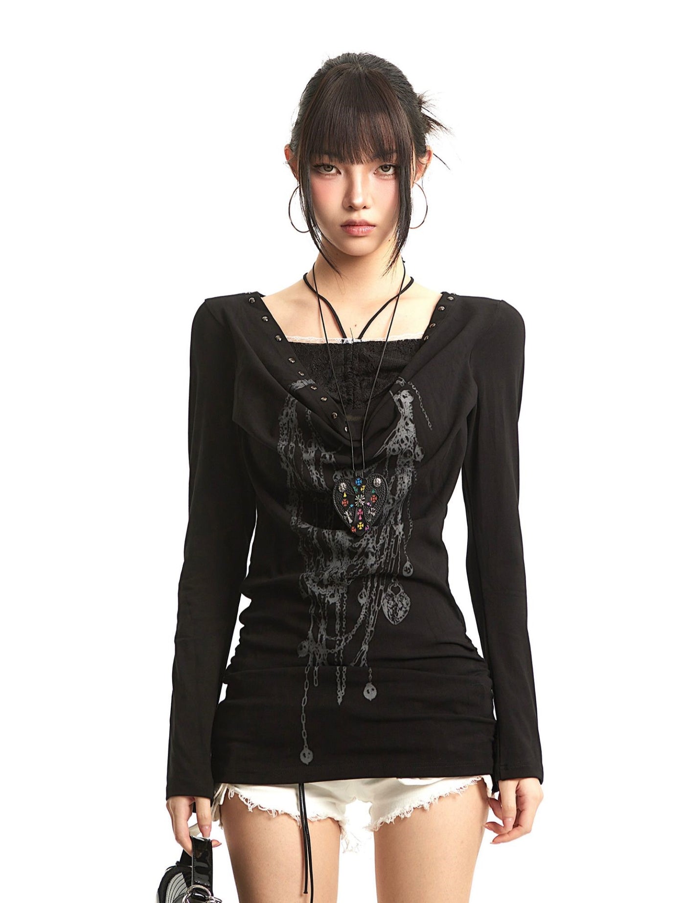 Fake Two-piece Lace Stitching Print T-shirt UNC0287