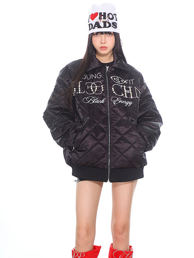 National Trend Pearl Letter Diamond Quilted Jacket UNC0179