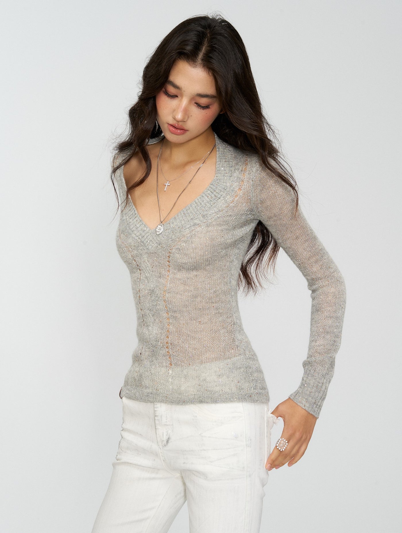 Slim Shimmering Cable Sweater 4MU0158