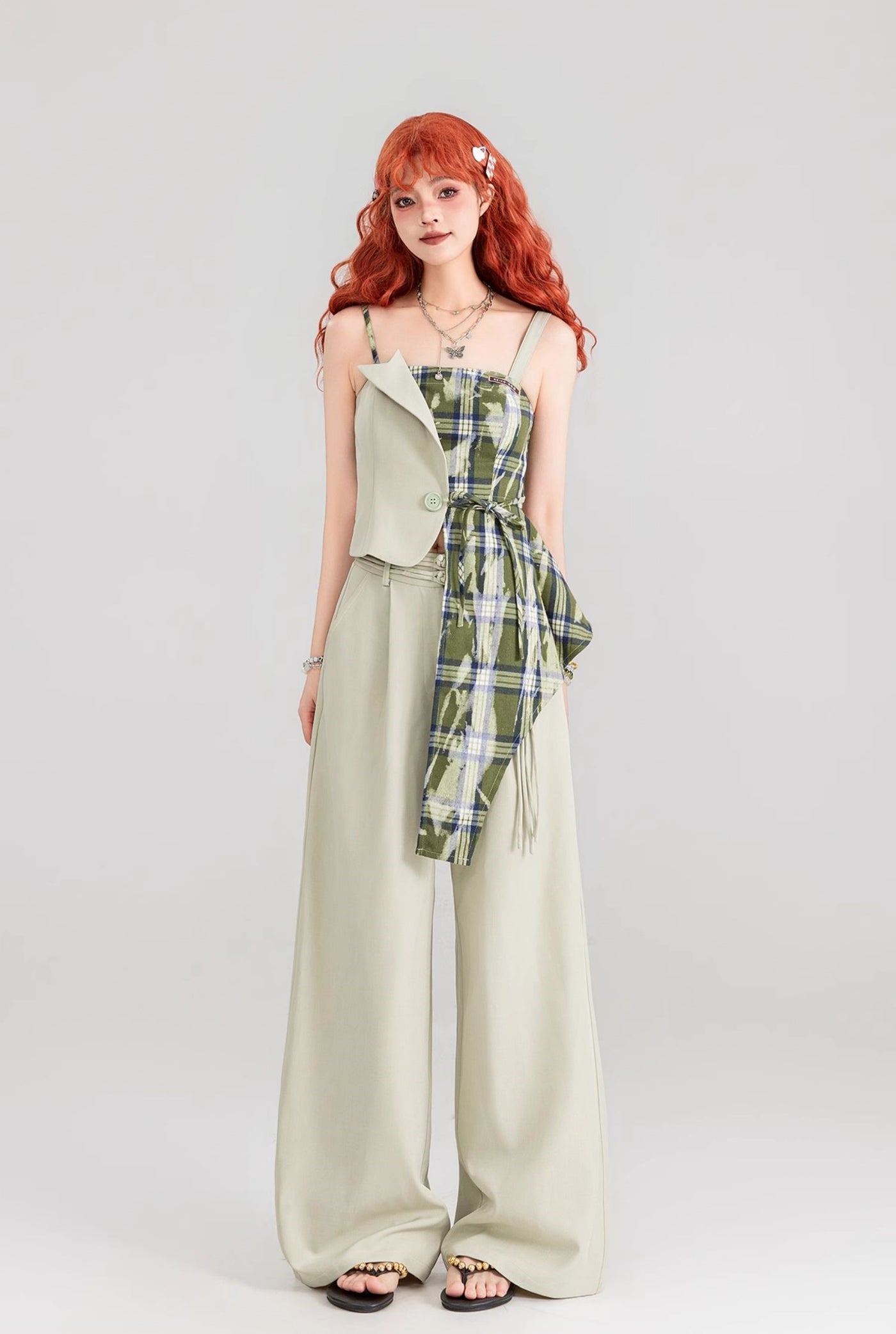 Button-decorated Drape Wide-leg Floor-length Pants KEI0162