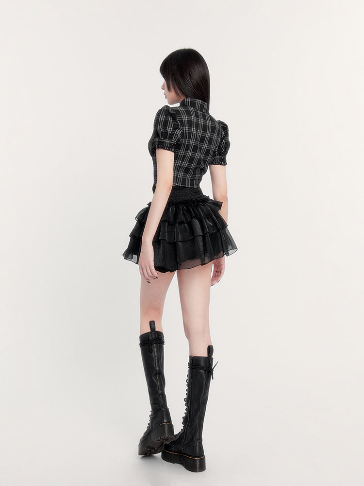 Hollow Heart Plaid Slim Design Puff Sleeve Short Shirt VOC0233