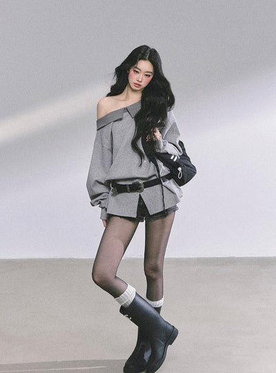 Oblique Shoulder Plaid Sweatshirt DIA0585