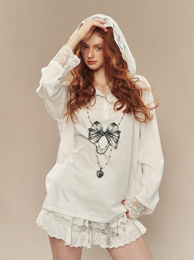 White Splicing Lace Slim Hoodie DIA0207