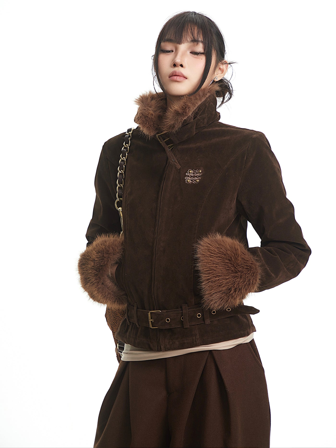 Retro Style Fur Collar Patchwork Suede Jacket UNC0327