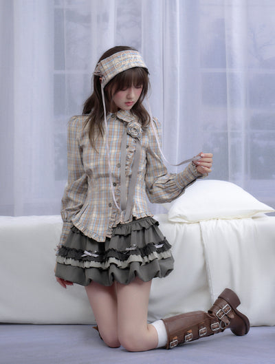 Plaid Rose Brooch Asymmetrical Shirt/Headband SAG0294
