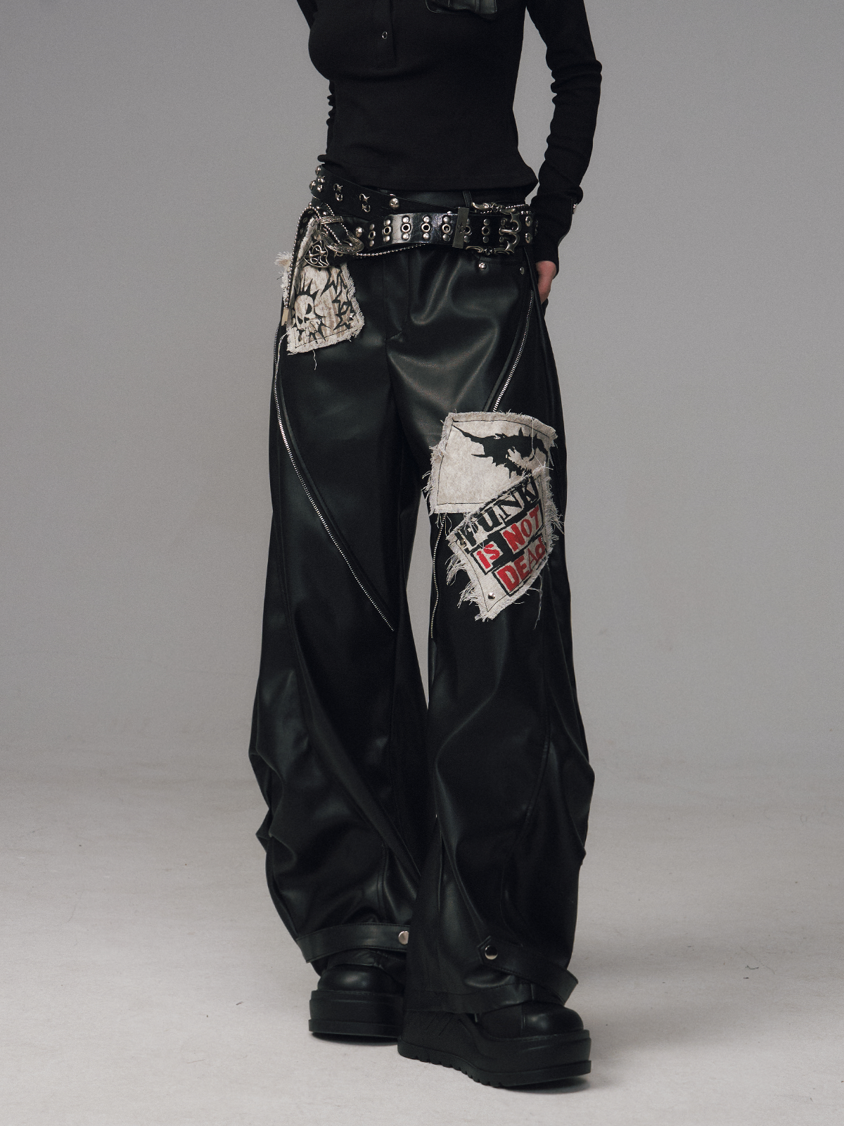 Punk Rock Zipper Split Print Leather Pants FRU0122