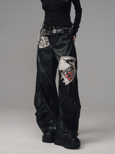 Punk Rock Zipper Split Print Leather Pants FRU0122