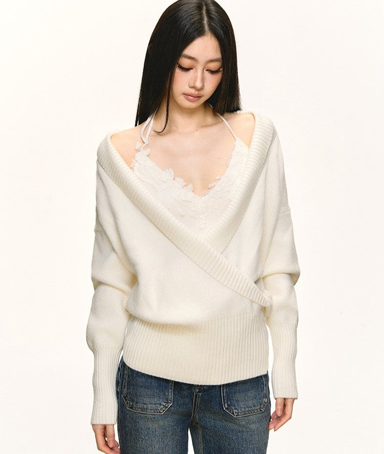 White V-neck Sweater/Lace Camisole ANA0091
