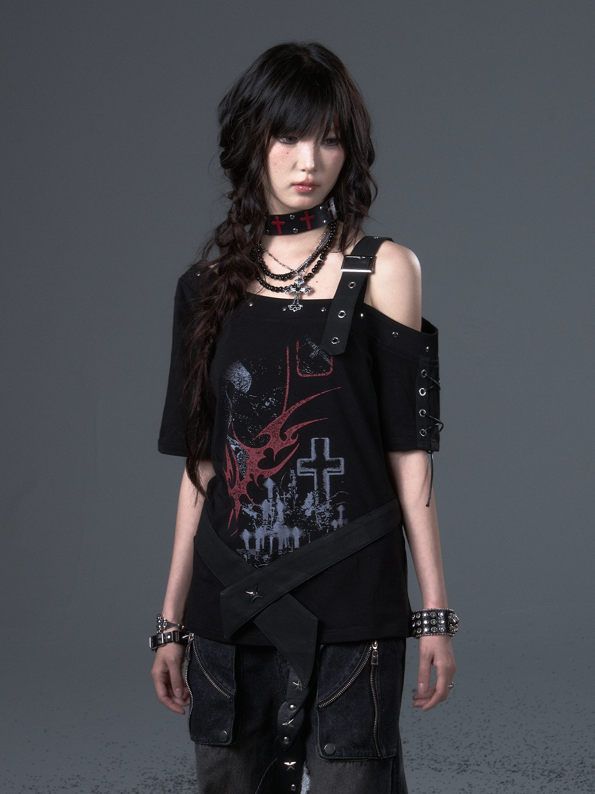 Punk Print Drop Shoulder Strap T-shirt FRU0102