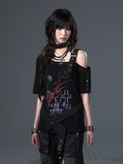 Punk Print Drop Shoulder Strap T-shirt FRU0102