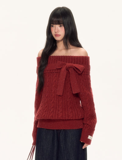 Red Off-Shoulder Bow Sweater WEE0088