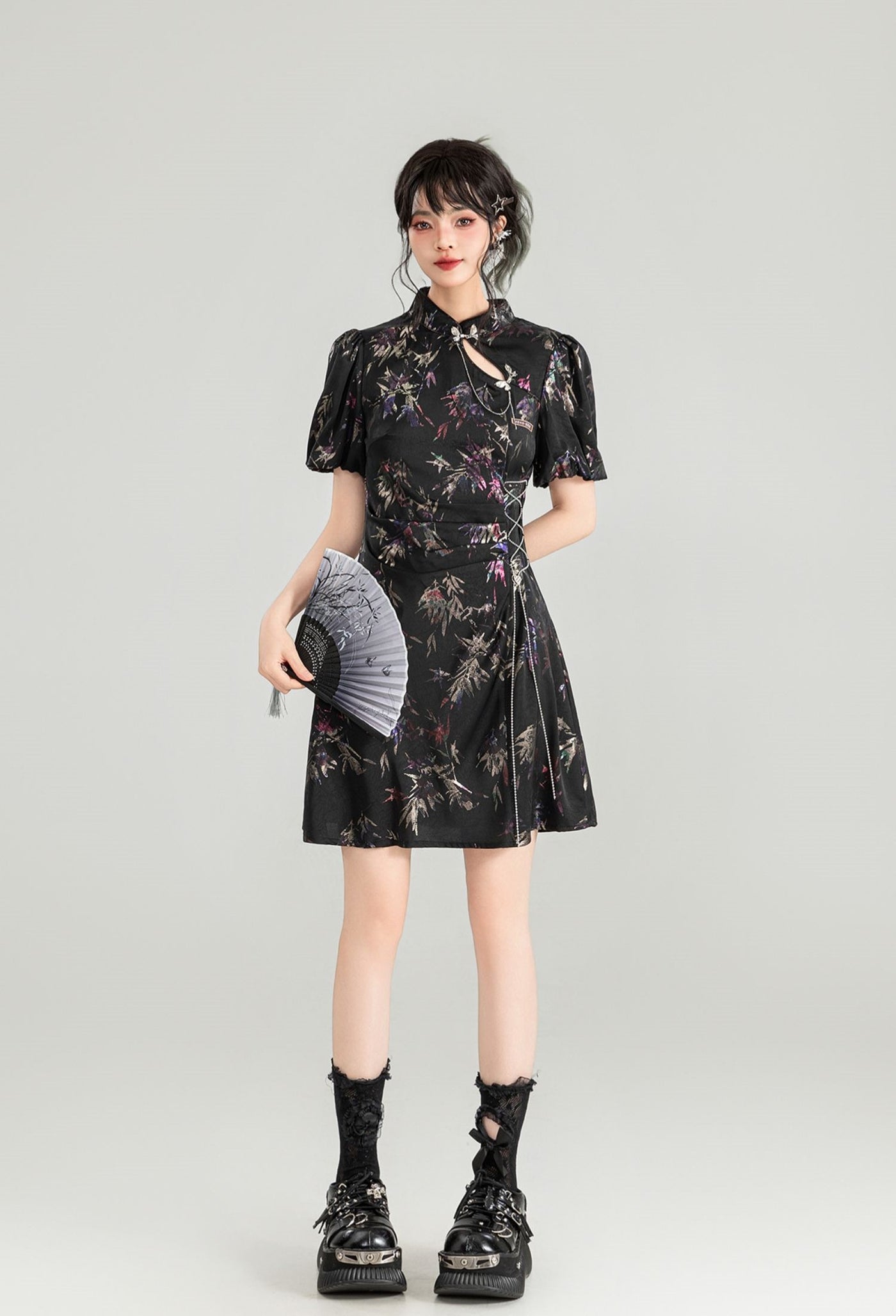 Chinese style Printed Slim Floral Short Dress KEI0142