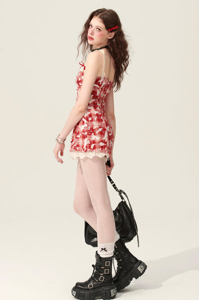 Red Slim Waist Suspender Dress DIA0170