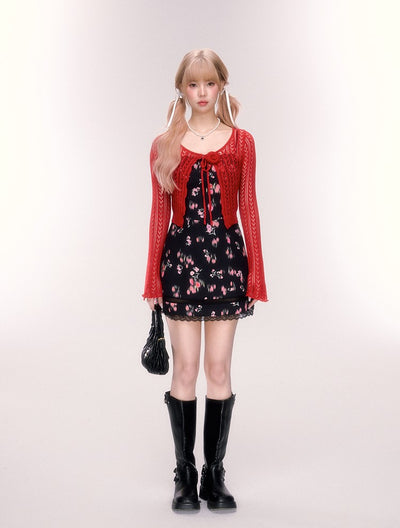 Lace Black Floral Suspender Dress/Red Cardigan QDQ0066