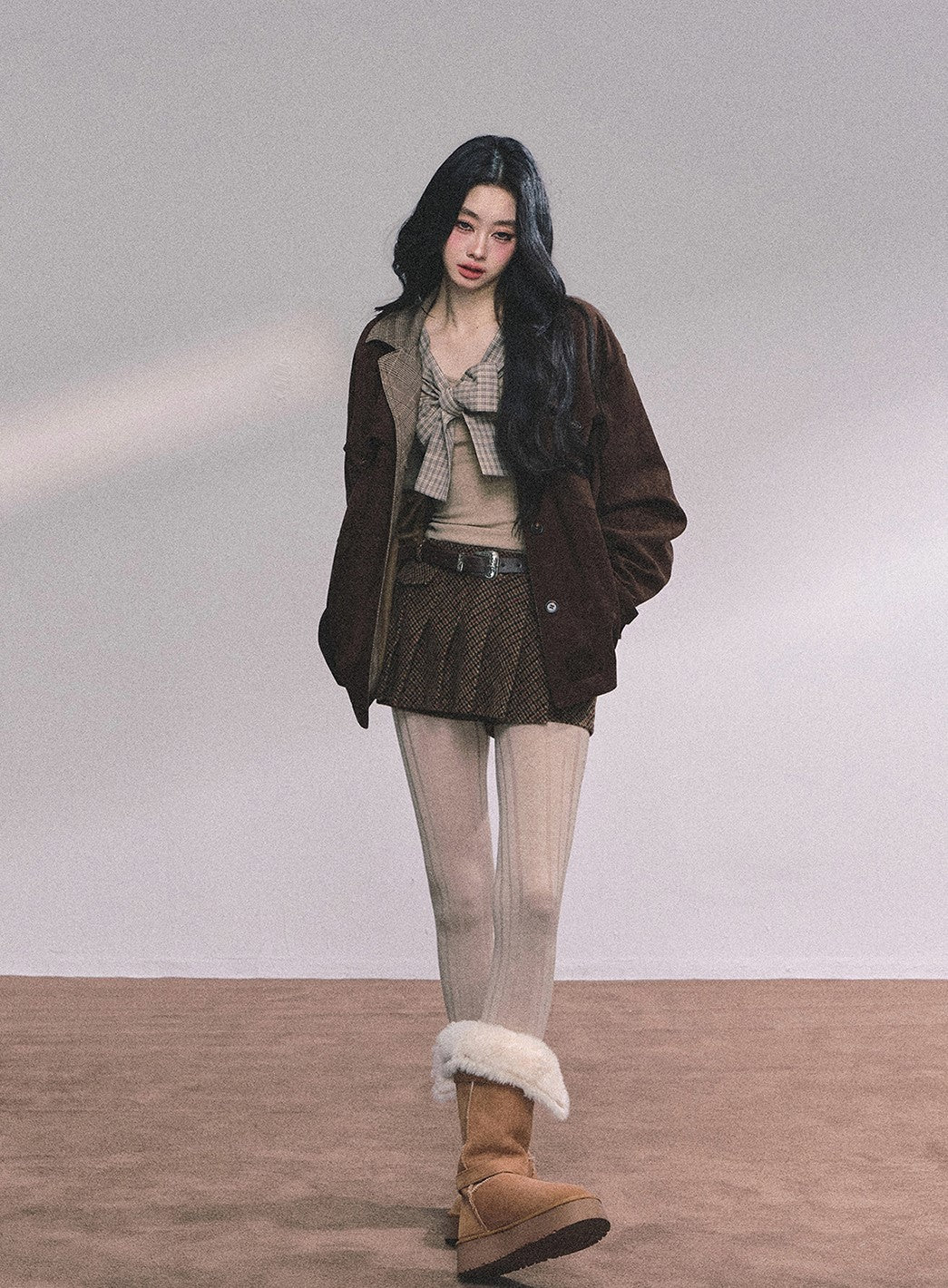 Fake Two-piece Bow Plaid Knit DIA0612