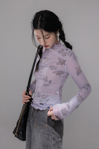 Layered Purple Flower Mesh Shirt COT0351