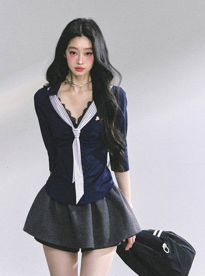 Lace Striped Slim Shirt DIA0572