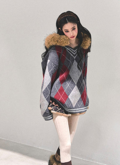 American Preppy Style Fur-Collar Argyle Sweater DIA0696