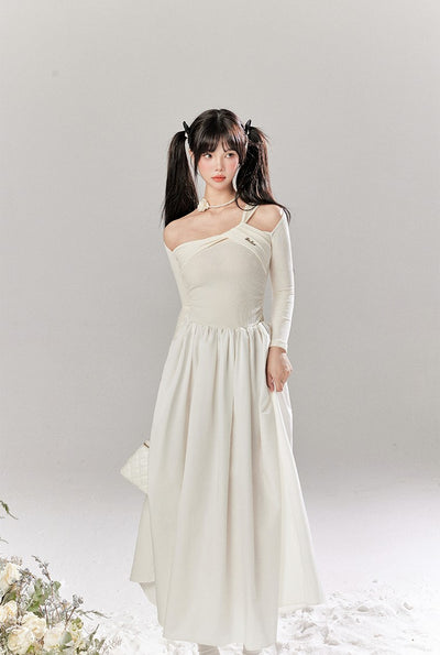 French White Hollow Design Knitted Long Dress TBI0048