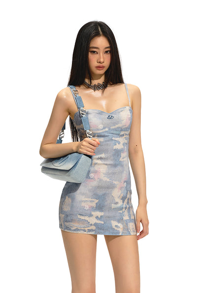 Blue Sky And White Clouds Full Print Suspender Dress NOT0194