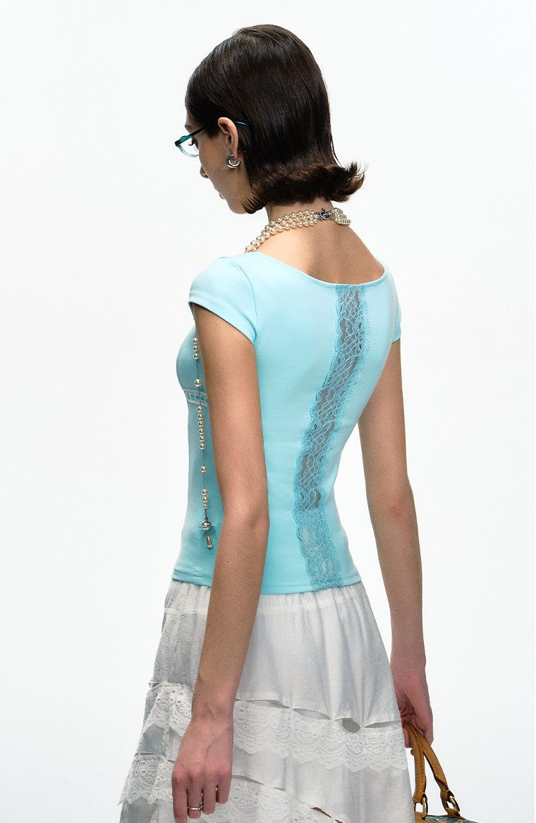 Shoulder Stitching Lace Back Hollow Short-sleeved T-shirt DPR0049