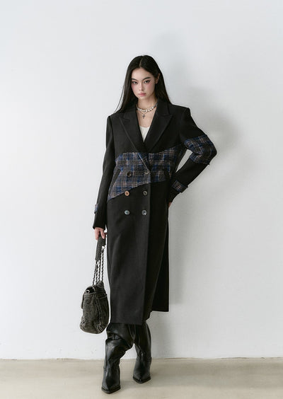 Plaid Stitching Design High-end Wool Long Coat VIA0163