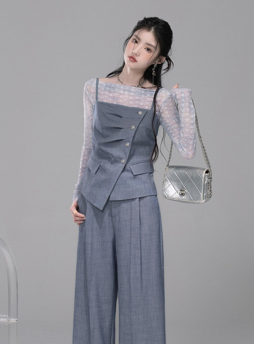 Starry Gray-Blue Camisole+Pants+Tulle Top COT0339