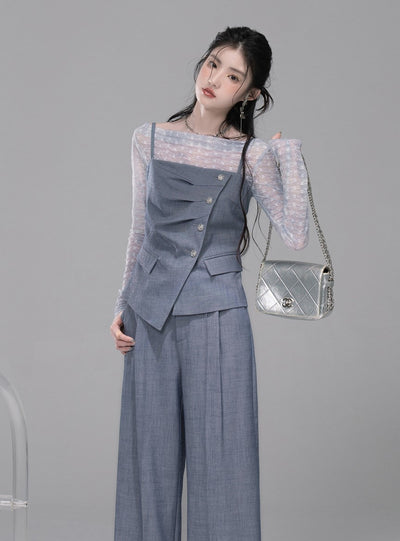 Starry Gray-Blue Camisole+Pants+Tulle Top COT0339