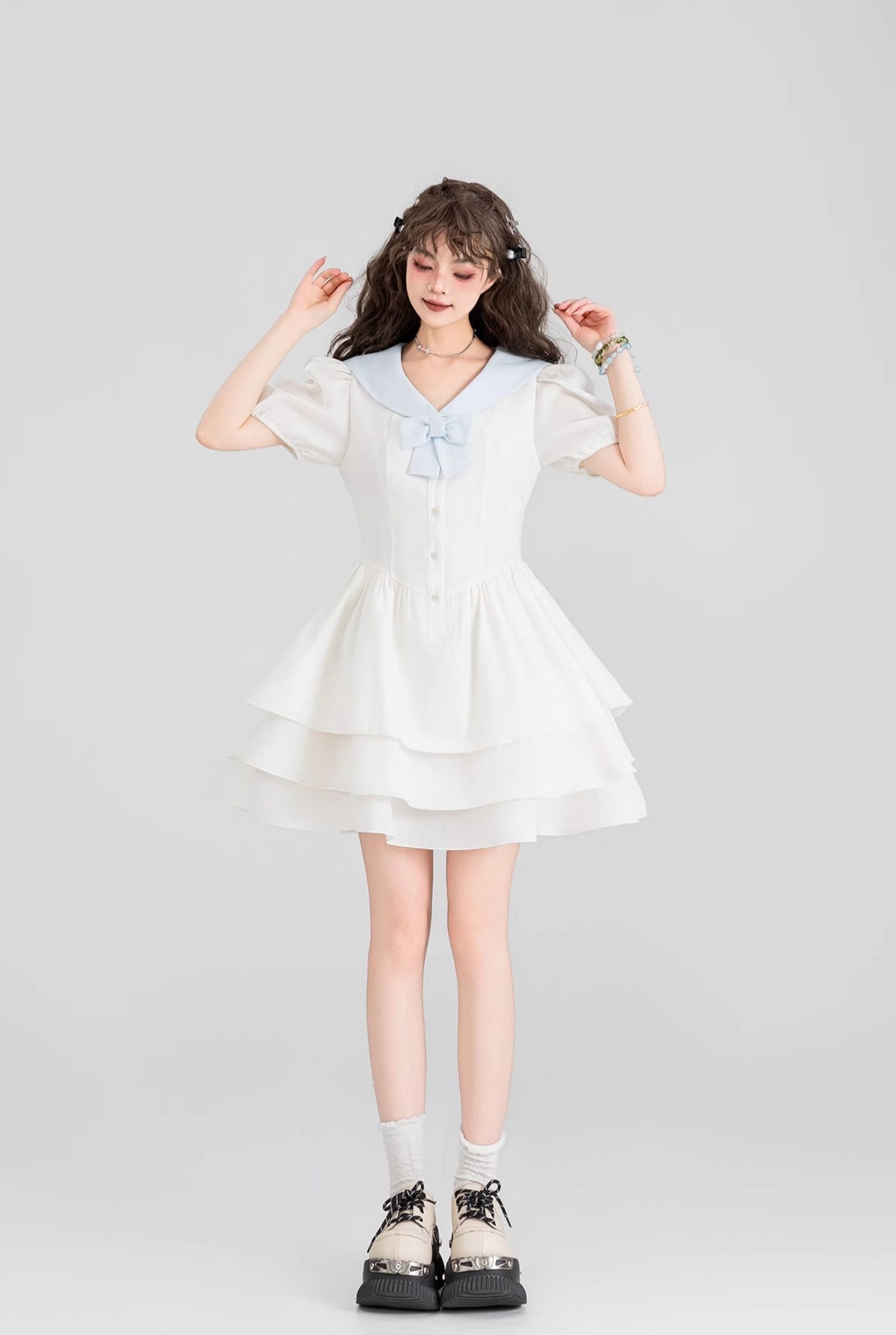 Navy Collar White A-Line Cake Princess Dress KEI0095