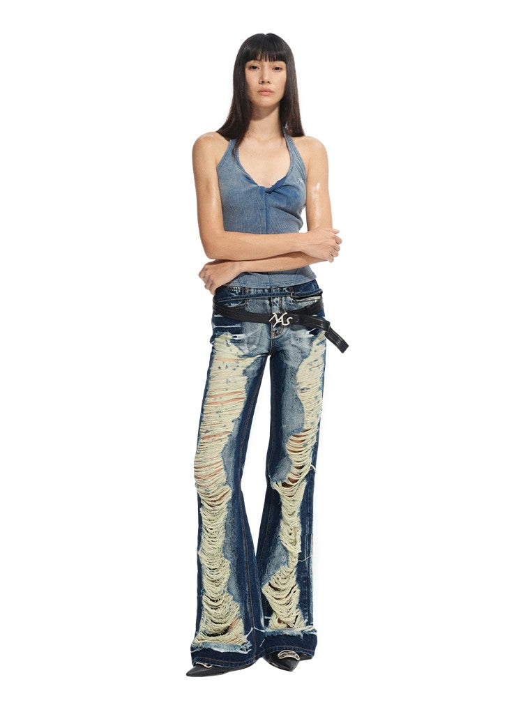 Washed Twill Denim Low-Rise Ripped Jeans NOT0313