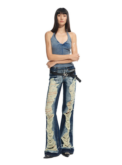 Washed Twill Denim Low-Rise Ripped Jeans NOT0313