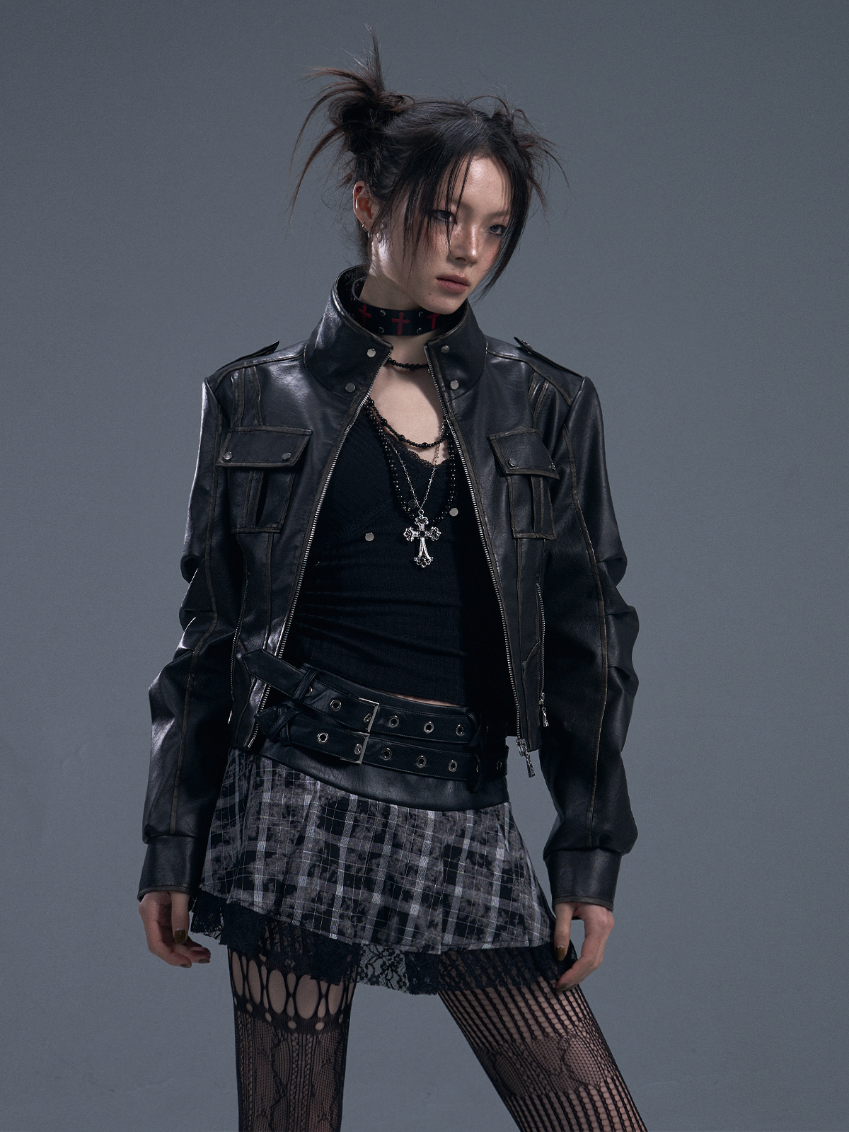 Punk Rock Plaid Double Belt Skirt FRU0091