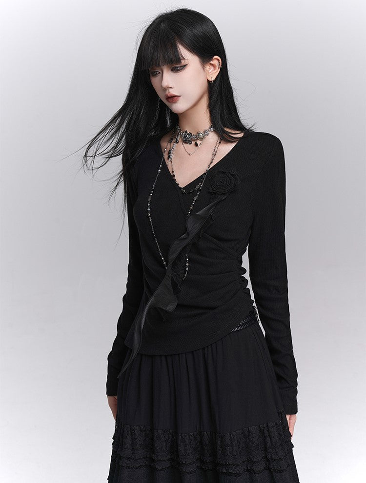 Stylish Rose Black Long-Sleeved Top LAD0236