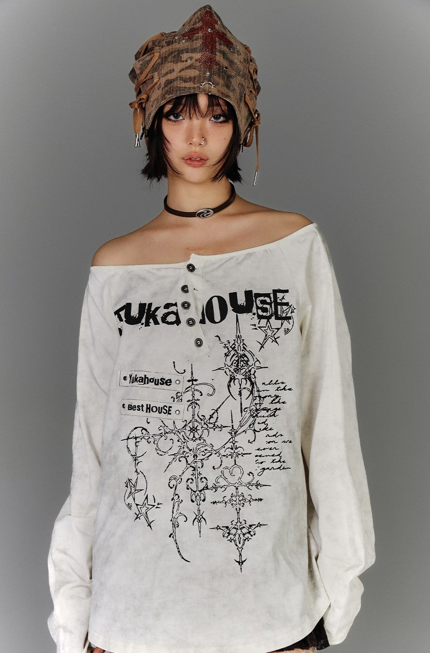 One-shoulder Henley Collar Punk T-shirt KIN0138