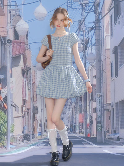 Retro Blue Plaid Puff Sleeve Dress ZIZ0288
