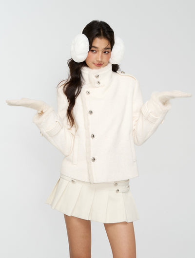 White Furry High-Neck Short Jacket/Scarf 4MU0164