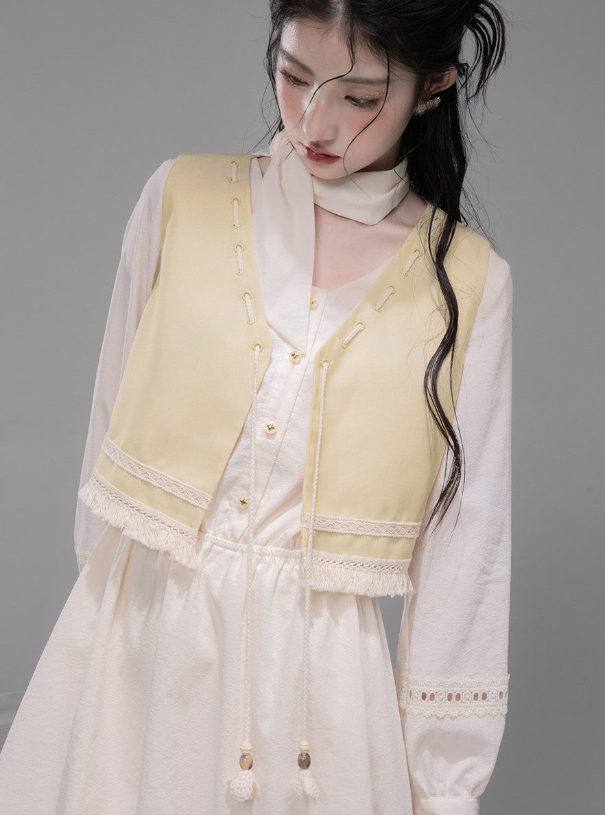 Custard Vest/Lace White Shirt Dress COT0336