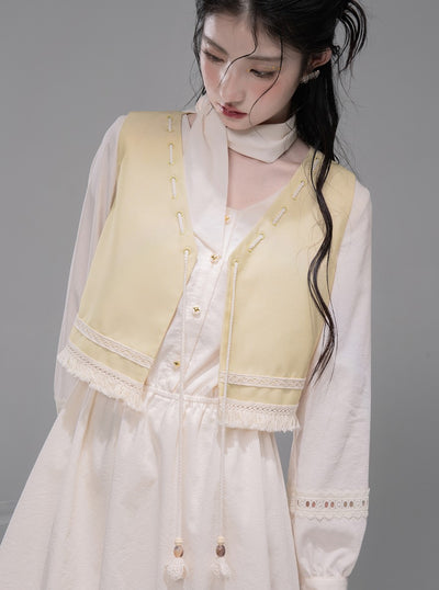 Custard Vest/Lace White Shirt Dress COT0336