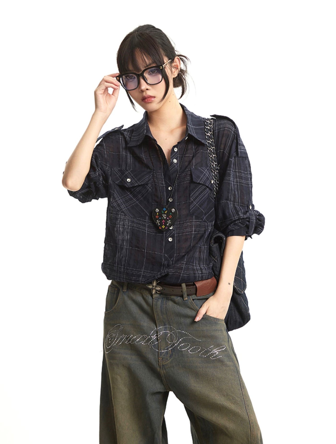 Retro Navy Plaid Long Sleeve Shirt UNC0275