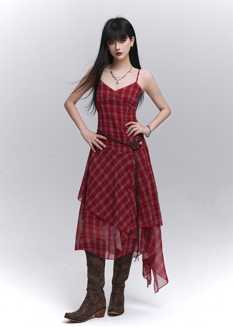 Irregular Hem Plaid Suspender Dress LAD0186