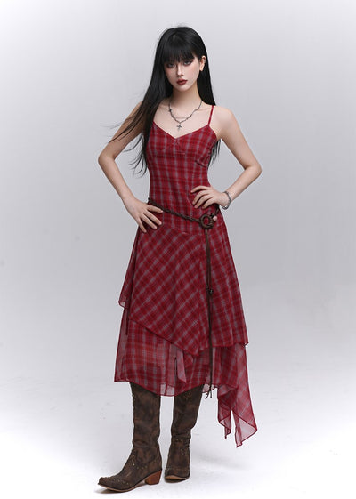 Irregular Hem Plaid Suspender Dress LAD0186