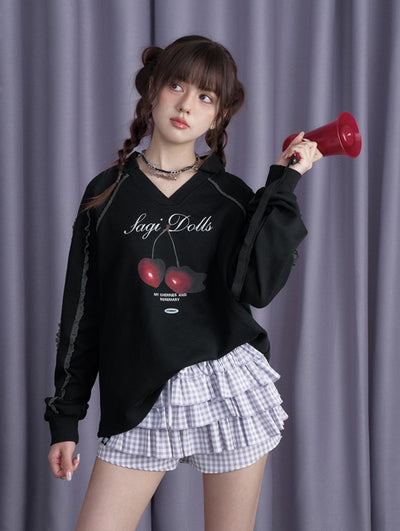 Melting Cherry Black Polo Collar Printed Long-sleeved Sweatshirt SAG0202