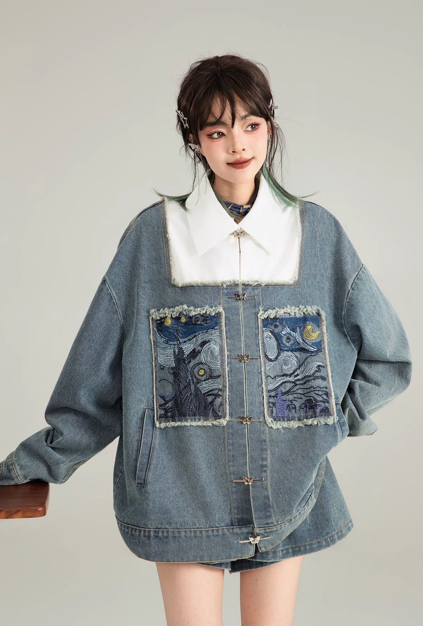 Literary Style Embroidered Denim Casual Jacket/Black Long Skirt KEI0122